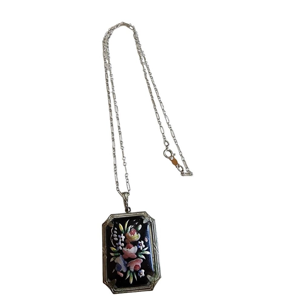 Vintage Hand Painted Art Deco Glass Pendant Necklace (A1600)
